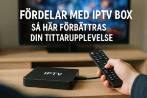 En modern IPTV-box i en stilig vardagsrum med en stor TV som visar underhållning och mysig atmosfär.