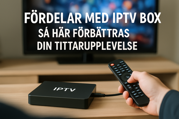 En modern IPTV-box i en stilig vardagsrum med en stor TV som visar underhållning och mysig atmosfär.