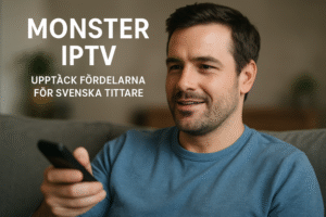 En vänlig monster med underhållningsikoner som film och sport, för Monster IPTV-tjänsten.