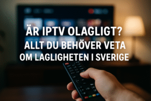 En orolig person framför en tv med felmeddelande om olaglig IPTV och en hotfull skugga i bakgrunden.