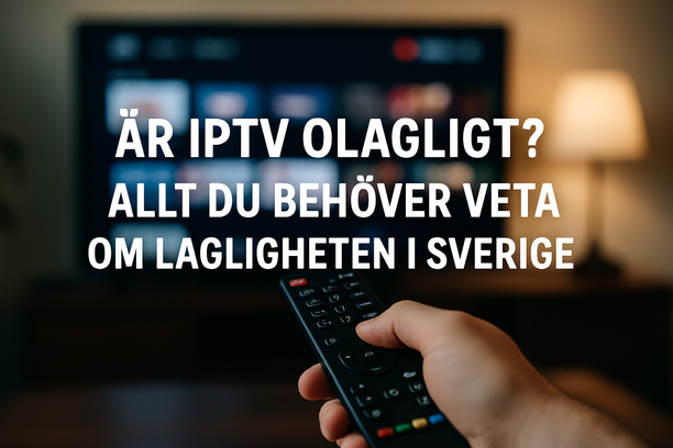 En orolig person framför en tv med felmeddelande om olaglig IPTV och en hotfull skugga i bakgrunden.