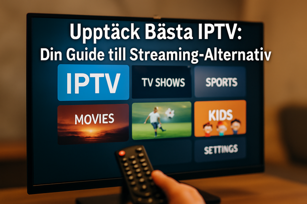 En modern och färgglad design för 'bästa IPTV' med tv, innehåll och teknik i vardagsrum.
