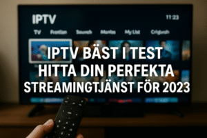 En modern vardagsrumsmiljö med en TV som visar IPTV-tjänster. Boken 'IPTV Bäst i Test' presenteras och har en stilren design.