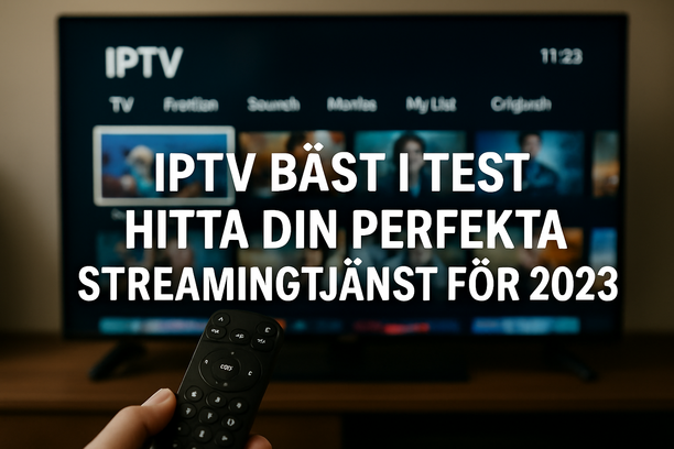En modern vardagsrumsmiljö med en TV som visar IPTV-tjänster. Boken 'IPTV Bäst i Test' presenteras och har en stilren design.