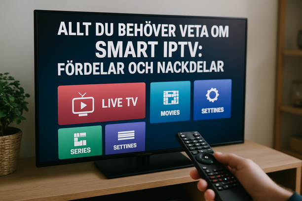 A sleek TV with a vibrant interface in a cozy living room, showcasing Smart IPTV's multi-device access.